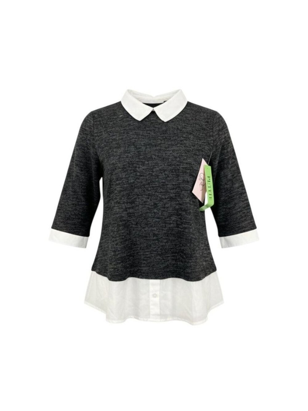 Love, Max Petite Black & White Collared 3/4 Sleeve Layered Hem Top NWT PL